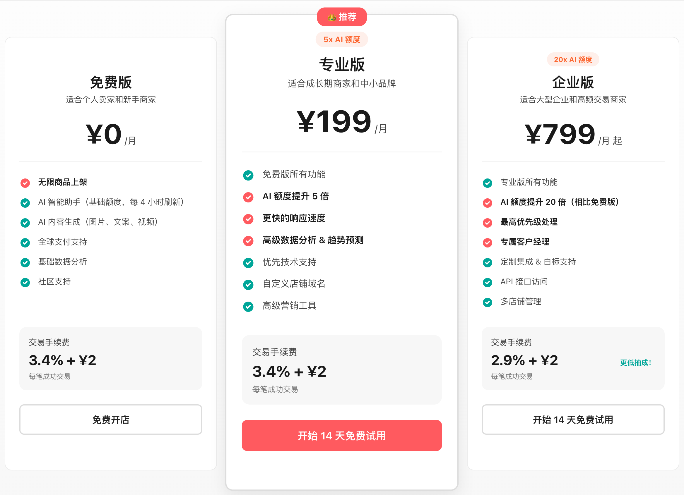 Optima AI 定价表 - 免费版/专业版/企业版